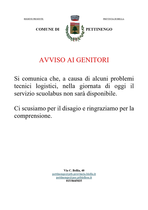 Avviso ai Genitori - Servizio Scuolabus non disponibile.