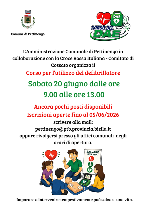 Corso per lutilizzo del defibrillatore sabato 20 giugno dalle ore 9.00 alle ore 13.00