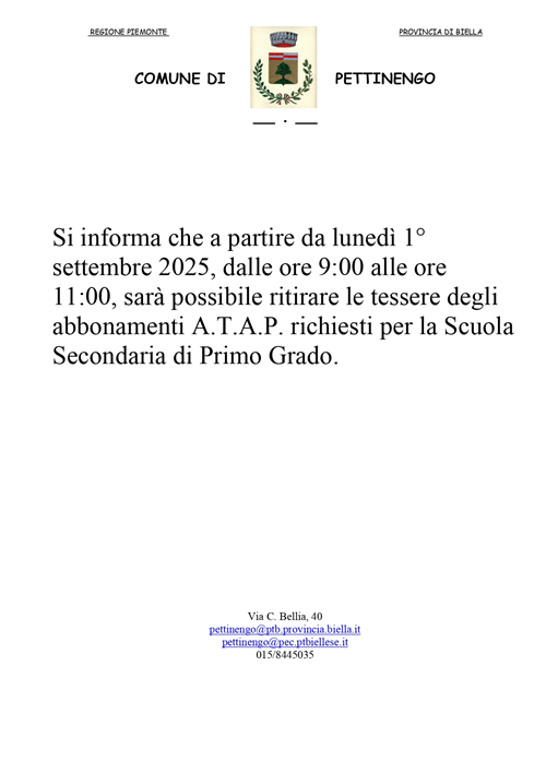 Ritiro Abbonamenti A.T.A.P per la Scuola Secondaria di I grado.
